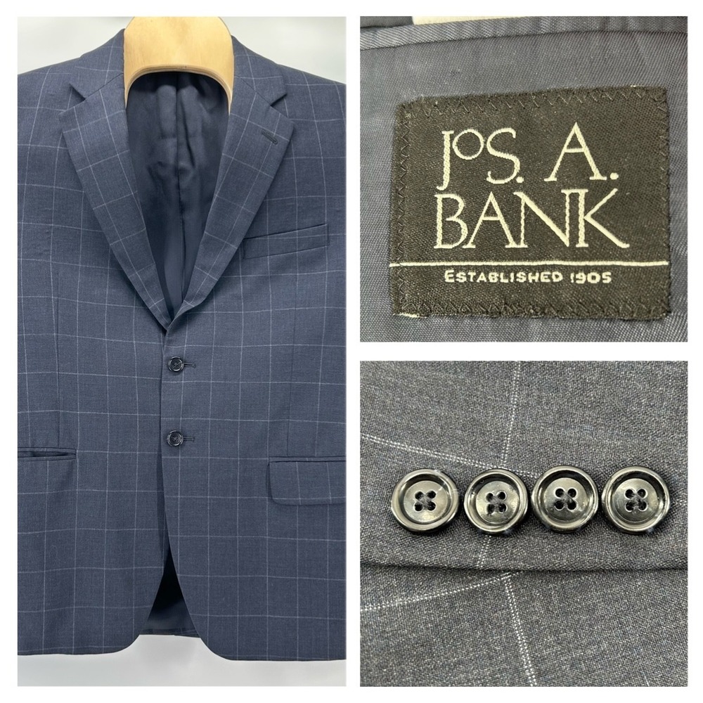 Jos. A. Bank Suit Jacket Mens 42 Short Navy Windowpane 100% Wool Gordon Blazer